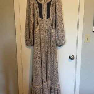 Gunne Sax brown calico floral dress with tie front and balloon sleeves XXS
